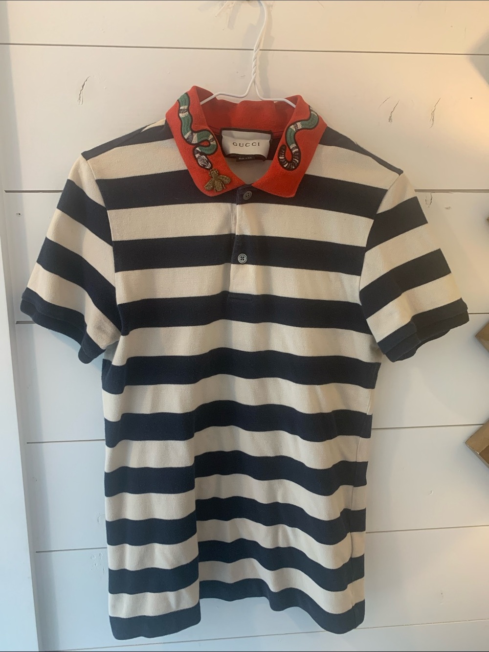 Gucci Navy and White Striped Polo with Red Snake-Embroidered Collar and gold 🐝
